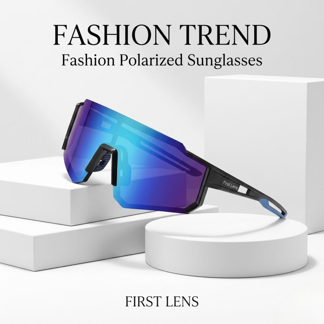 First Lens Customized Power Cycling/Running/Sports Sunglasses Uv400 + Polarized Without Power Blue Black - S102