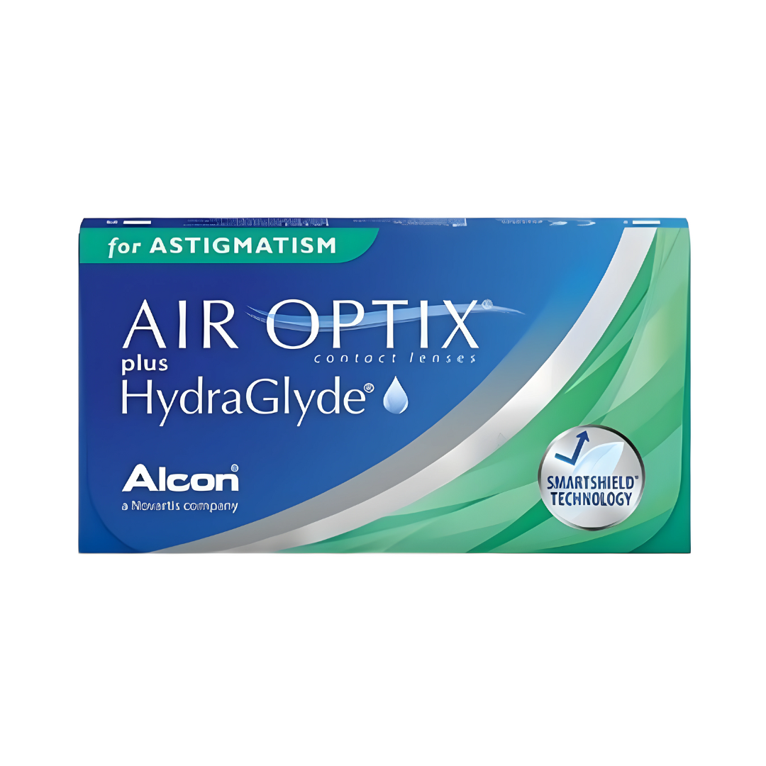Box of Alcon Air Optix Plus Hydraglyde contact lenses for astigmatism, containing three lenses, shown with blue and white packaging