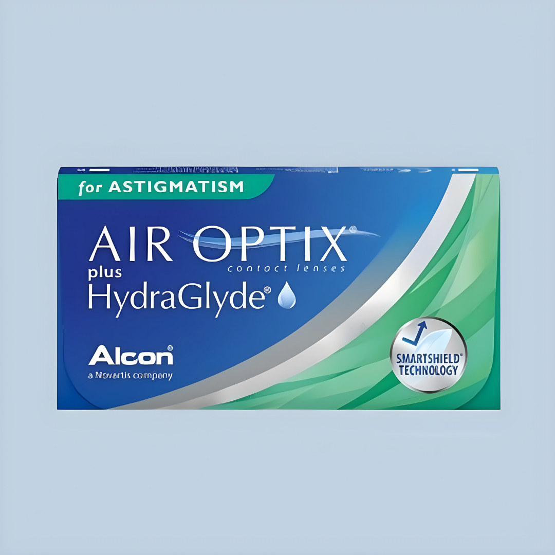 Three-pack of Alcon Air Optix Plus Hydraglyde contact lenses for astigmatism, featuring blue packaging with white text and hydrating technology