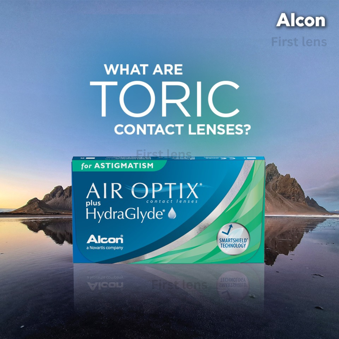 A lifestyle image showing a person holding the Alcon Air Optix Plus Hydraglyde for Astigmatism box, ready to open and use the lenses, with a focus on the product in hand