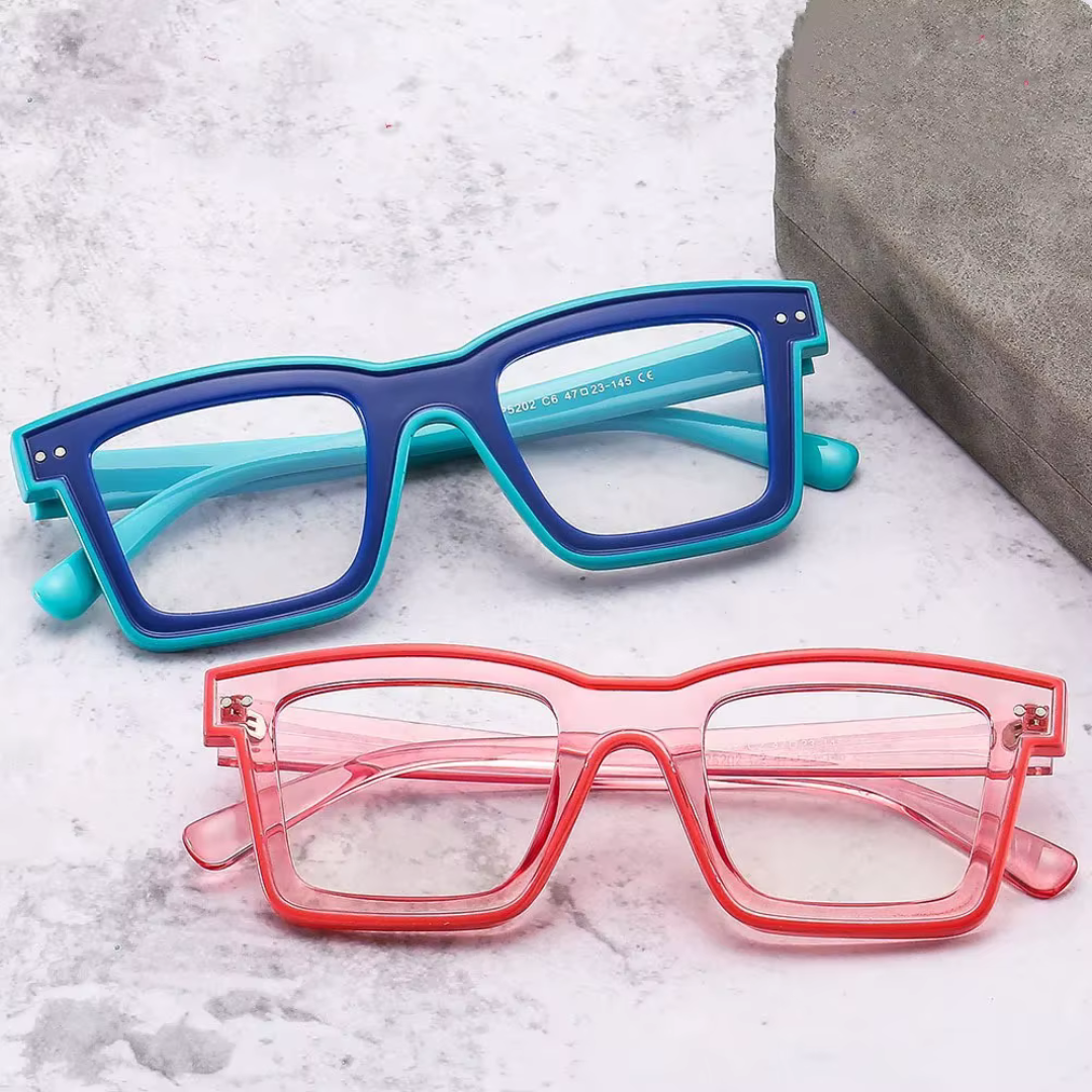First Lens Bold Square Frame Computer Glasses - Blue-Turquoise