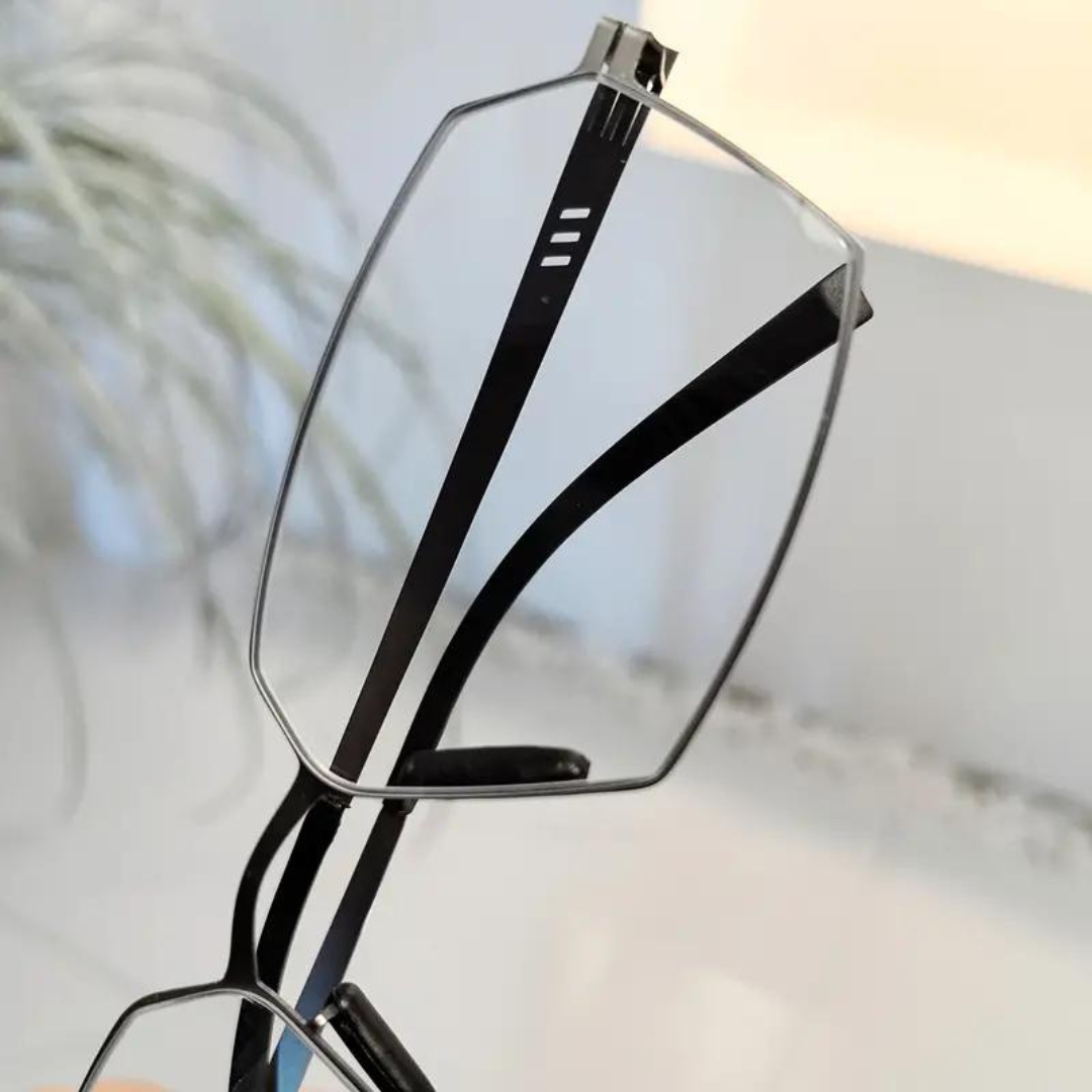 Side view of First Lens CEO Reading Glasses showing thin metal temples