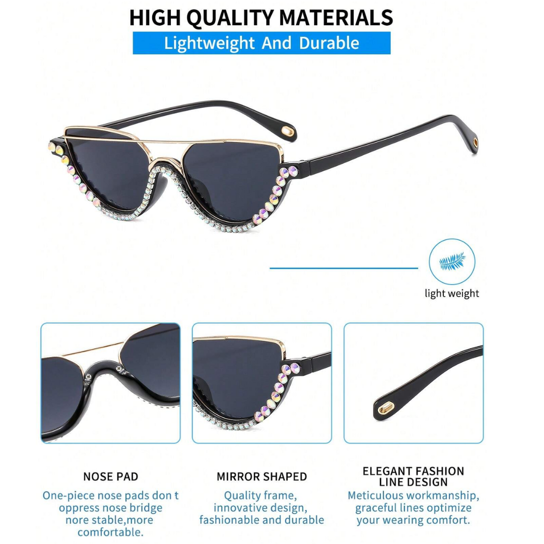 First Lens Cat-Eye Half Frame Rhinestone SUNGLASSES - S058
