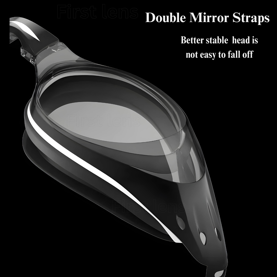 Close-up of anti-fog swimming goggles with UV protection.