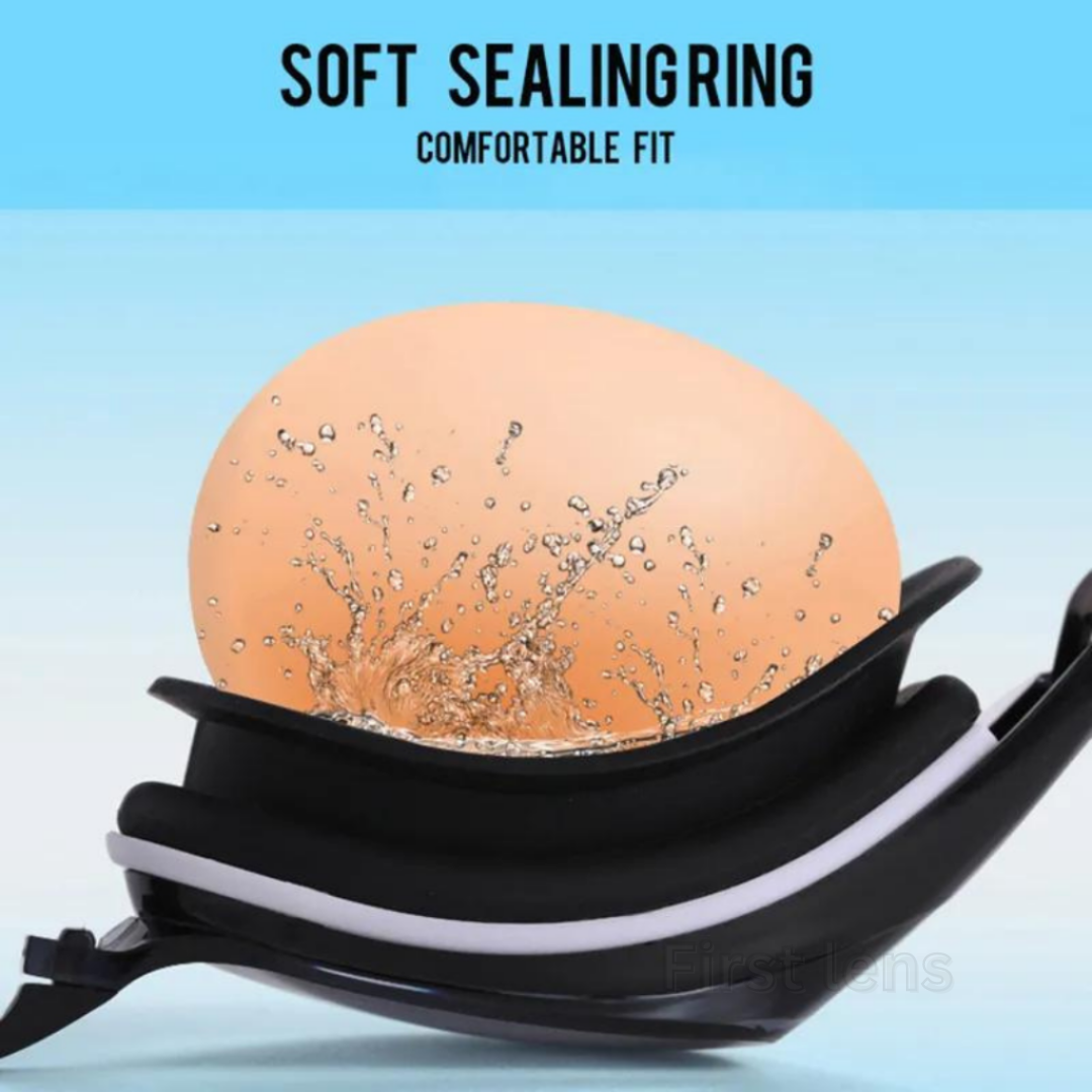 Front view of personalized swimming goggles with durable lenses.