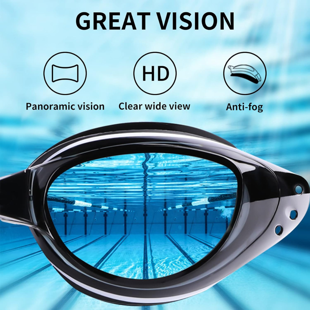 Powered swimming goggles for nearsighted swimmers with adjustable straps.