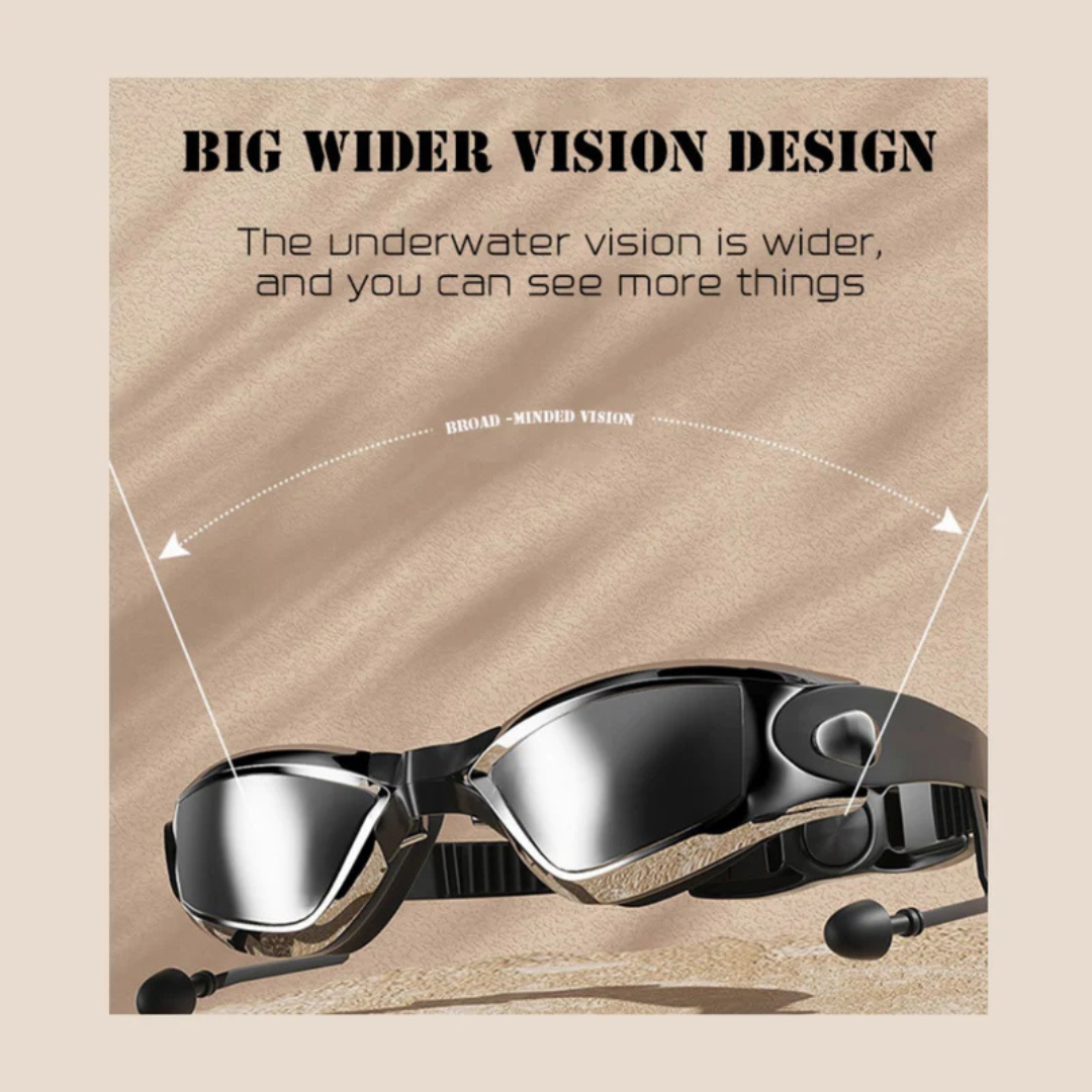 Powered swimming goggles for nearsighted swimmers with adjustable straps.