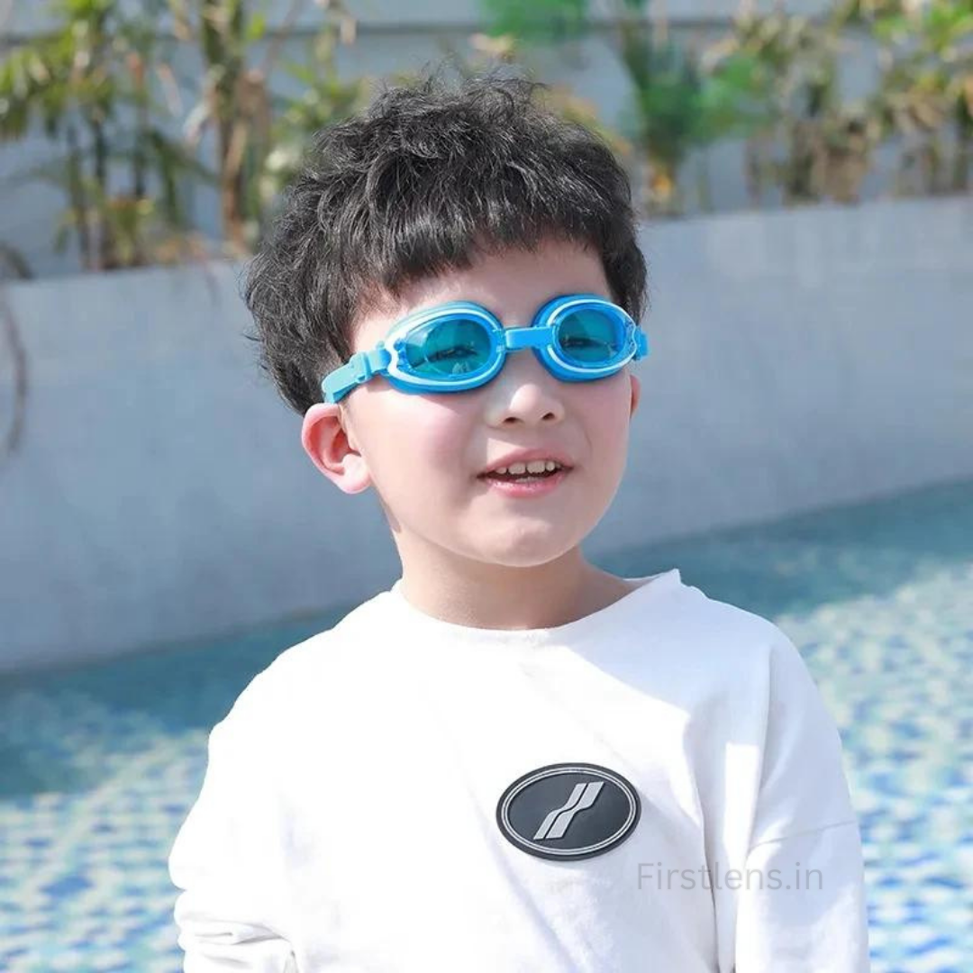 Young child wearing First Lens Junior Swimming Goggles, model 007
