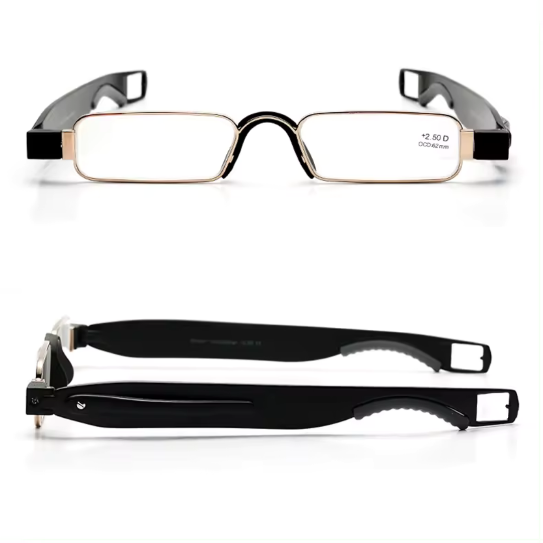 First Lens Library Reading Glasses resting on a stack of books.
