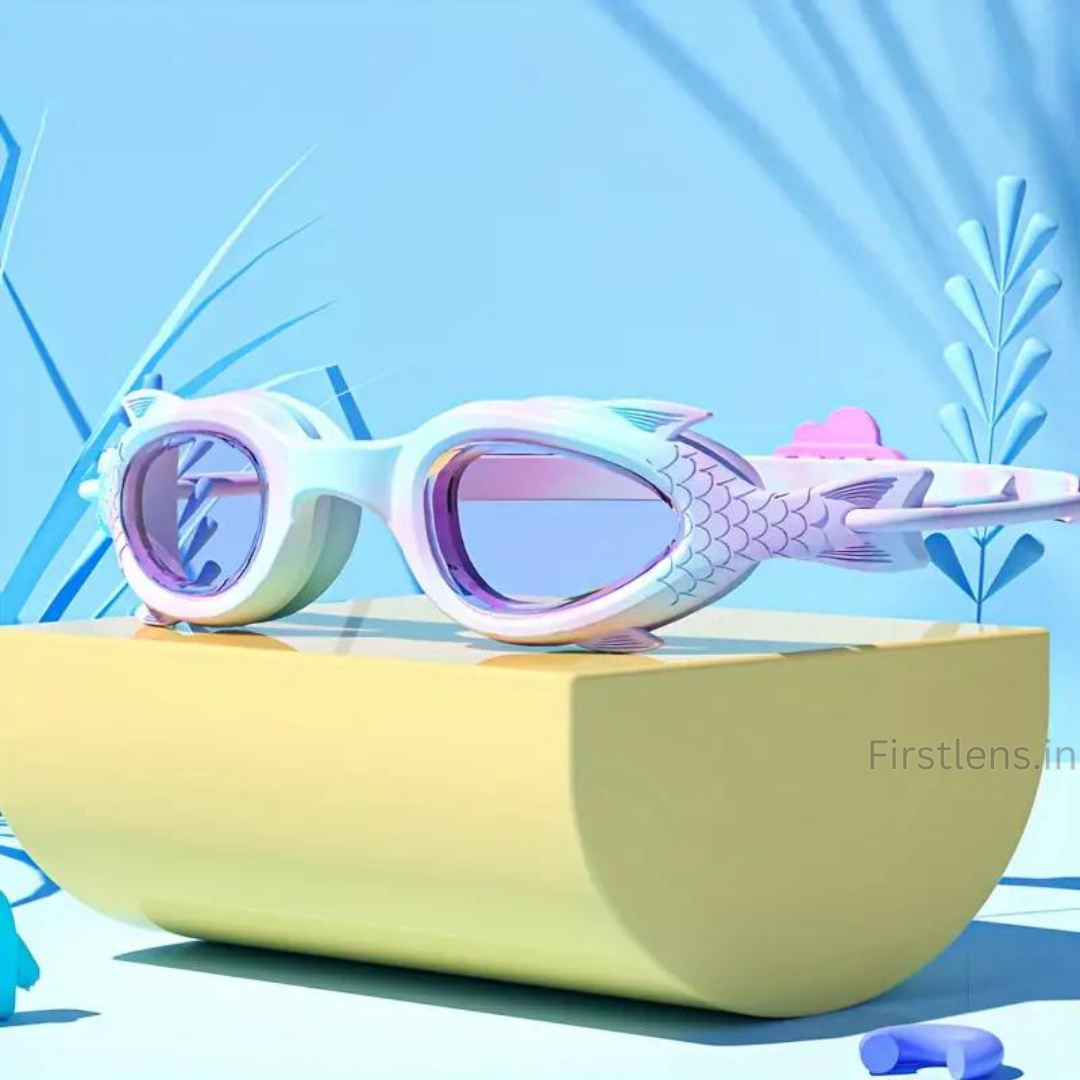 First Lens Mermaid Swimming Goggles for Children, age 3 to 8, displayed against a white background
