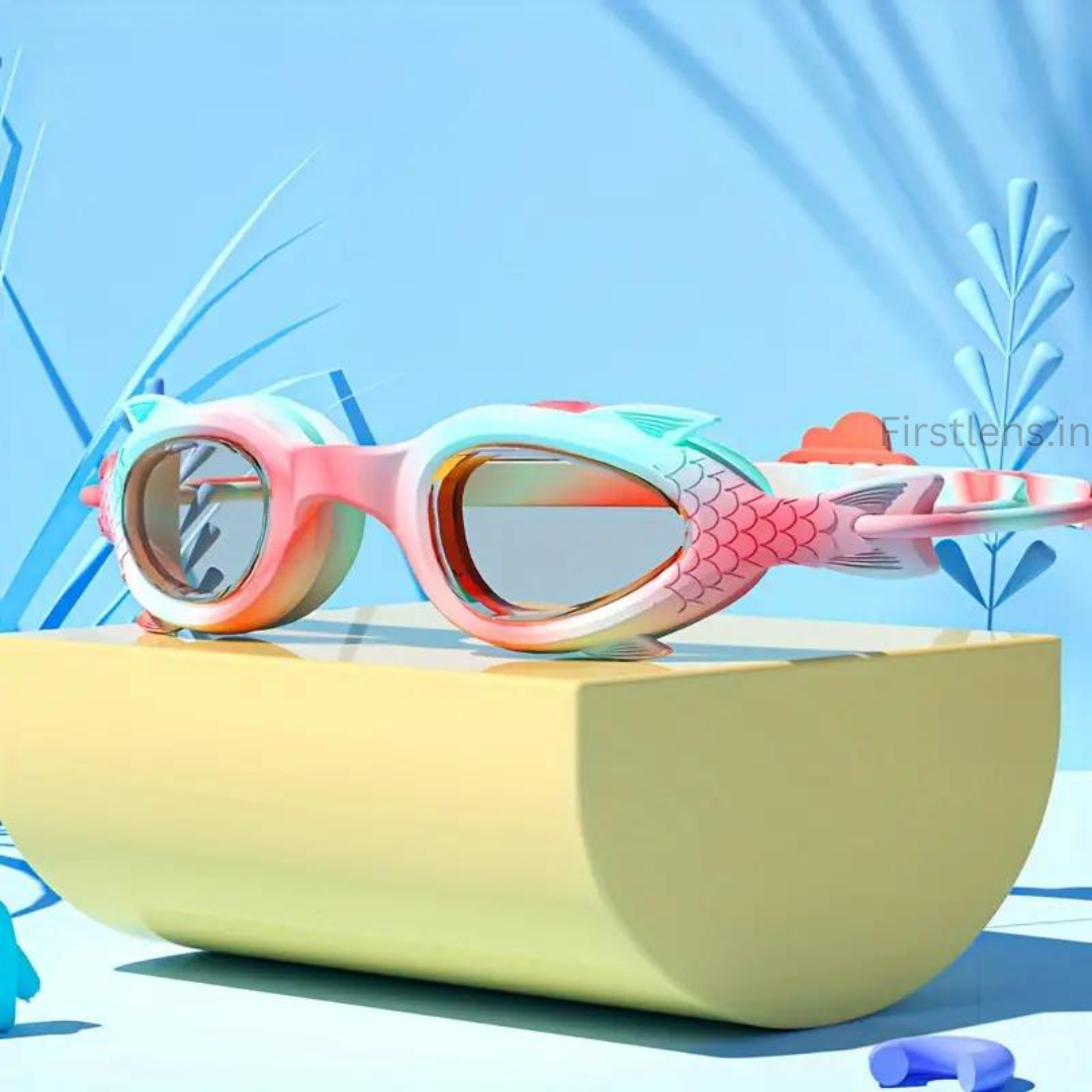 Close-up of First Lens Mermaid Swimming Goggles for Children with colorful mermaid-themed design