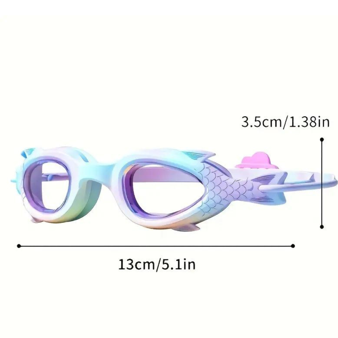 Side view of First Lens Mermaid Swimming Goggles with UV protection label