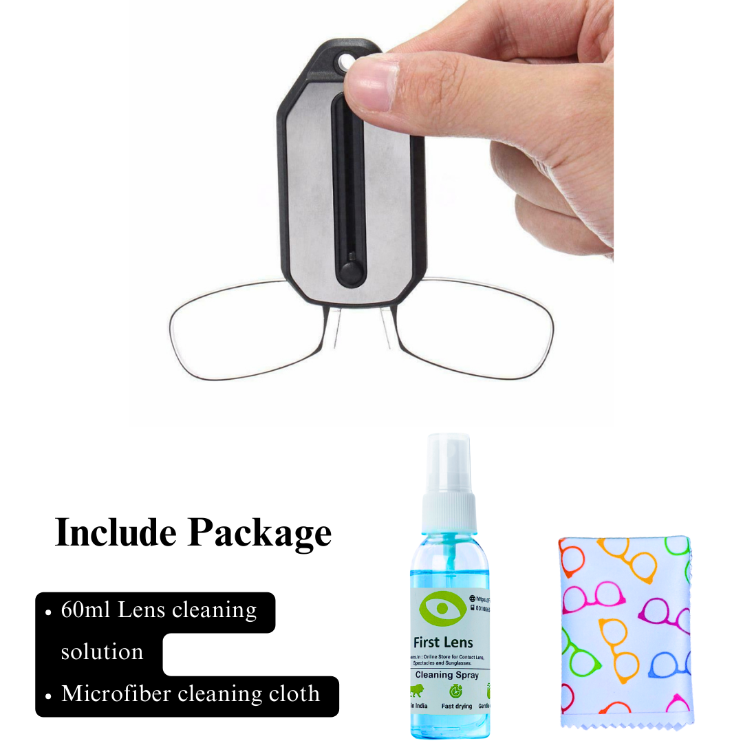 First Lens Mini Nose Clip Reading Glasses shown in a transparent case