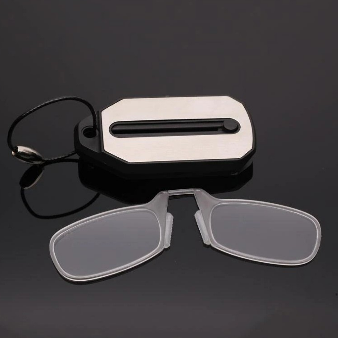 First Lens Mini Nose Clip Reading Glasses in a compact case