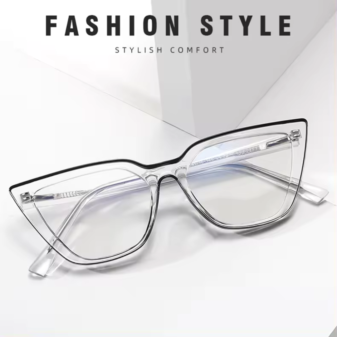 A pair of sleek black cat eye computer glasses resting on a white surface.