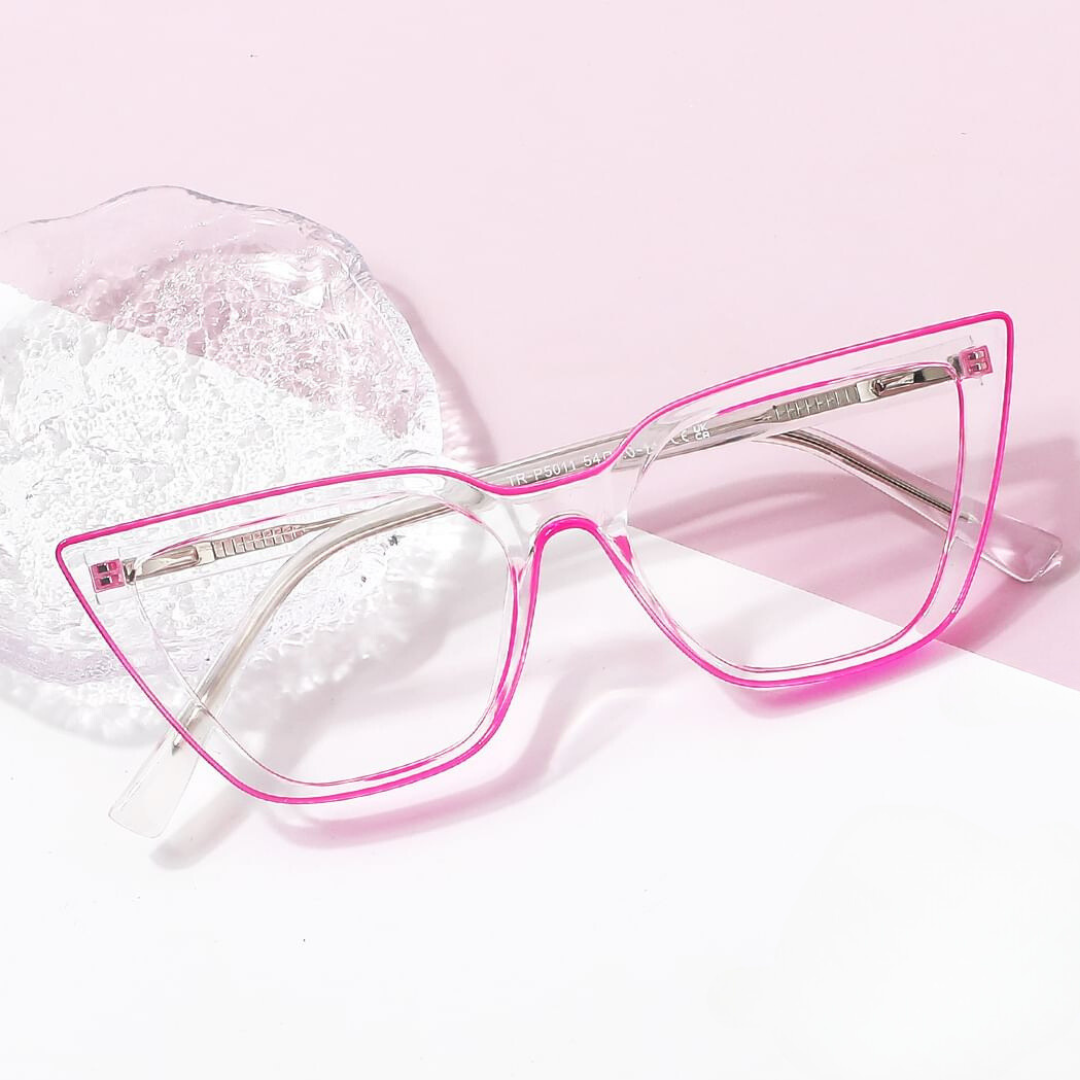 Stylish eyewear with vibrant pink cat eye design.
