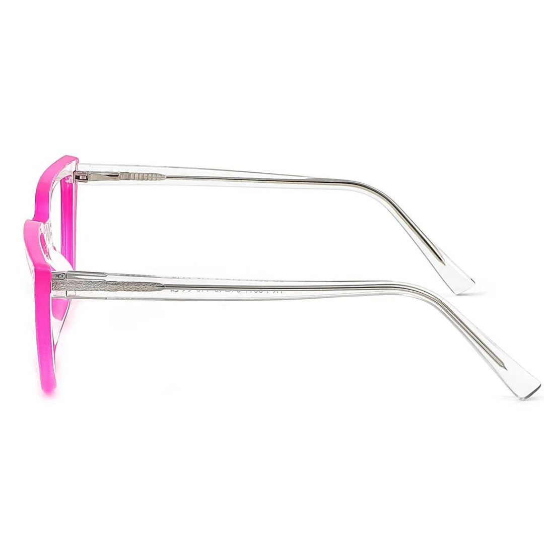 Fashion-forward eyewear with neon pink cat eye frames.