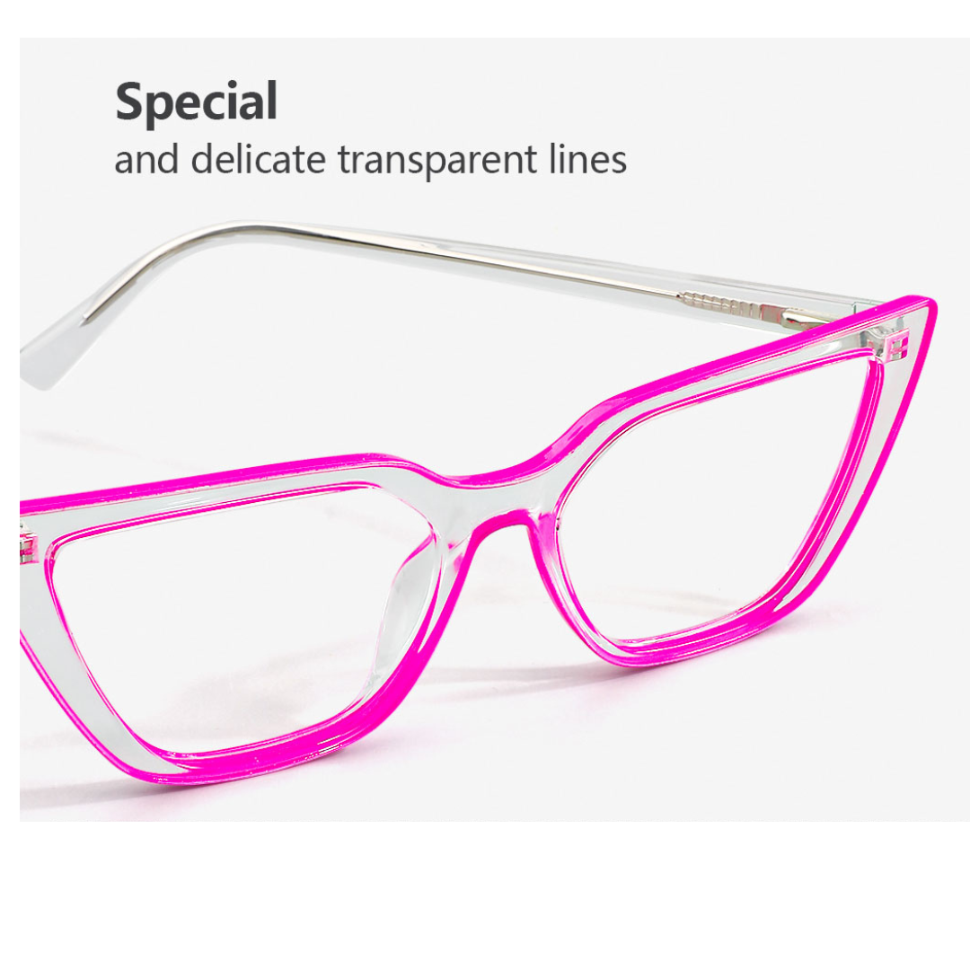 Neon pink computer glasses with chic cat eye shape.