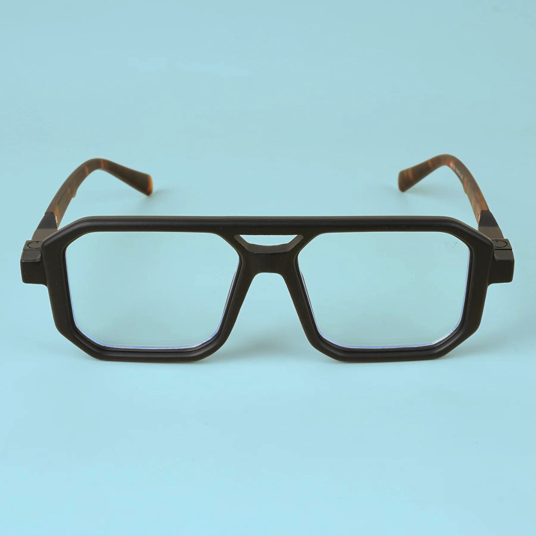 Man wearing First Lens Retro Classic Frame Computer Glasses 001 - Black while using a laptop
