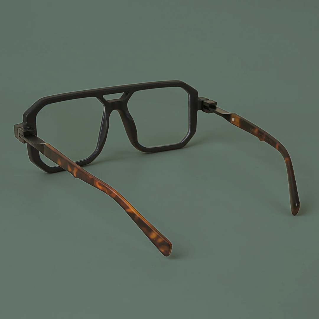 First Lens Retro Classic Frame Computer Glasses 001 - Black, displayed with a sleek leather case
