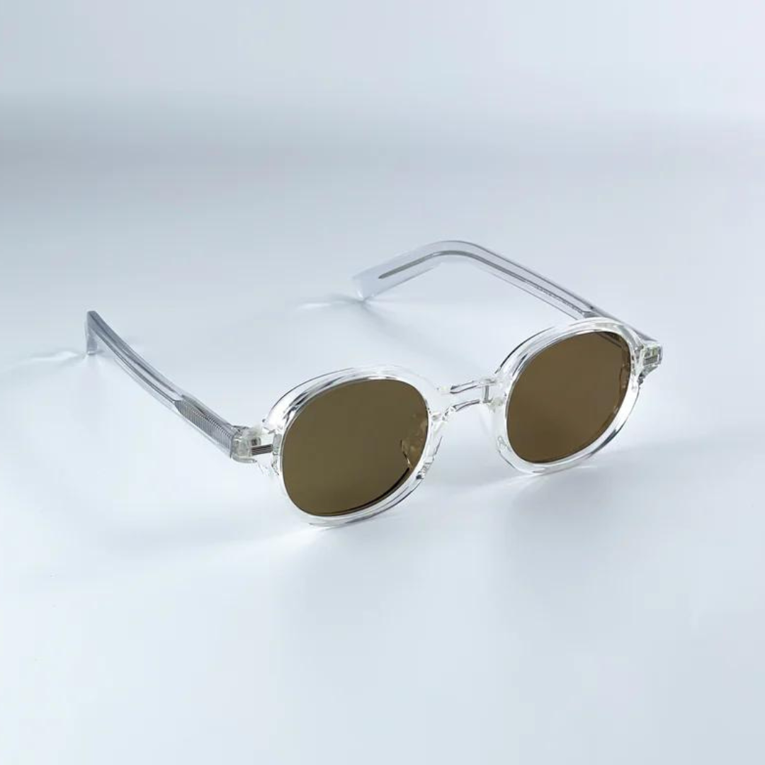 First Lens Retro Round Brown-Tinted Sunglasses with Clear Frames