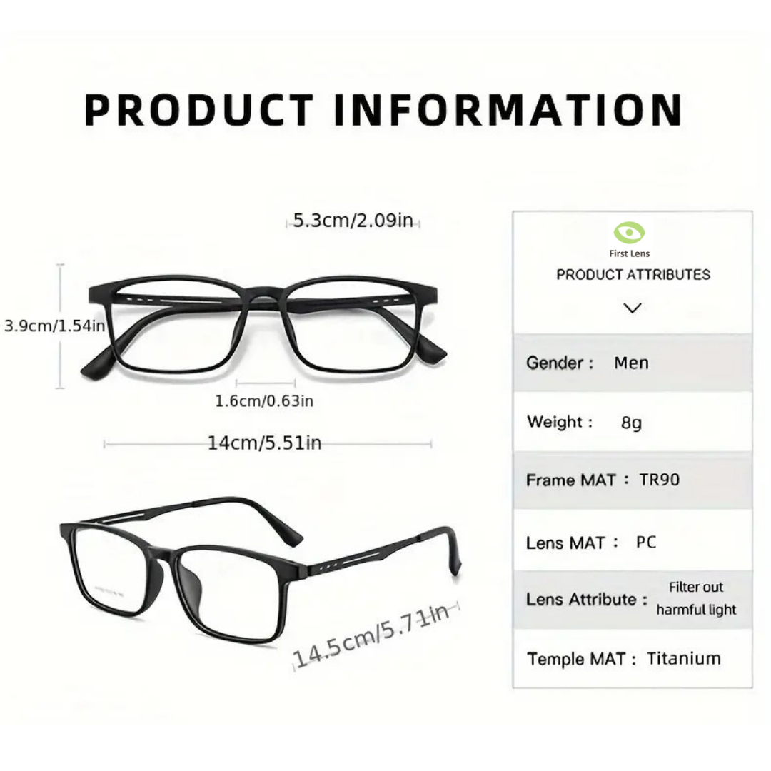 First Lens Titanium Rect Blue Light Blocking Reading Glasses - R006