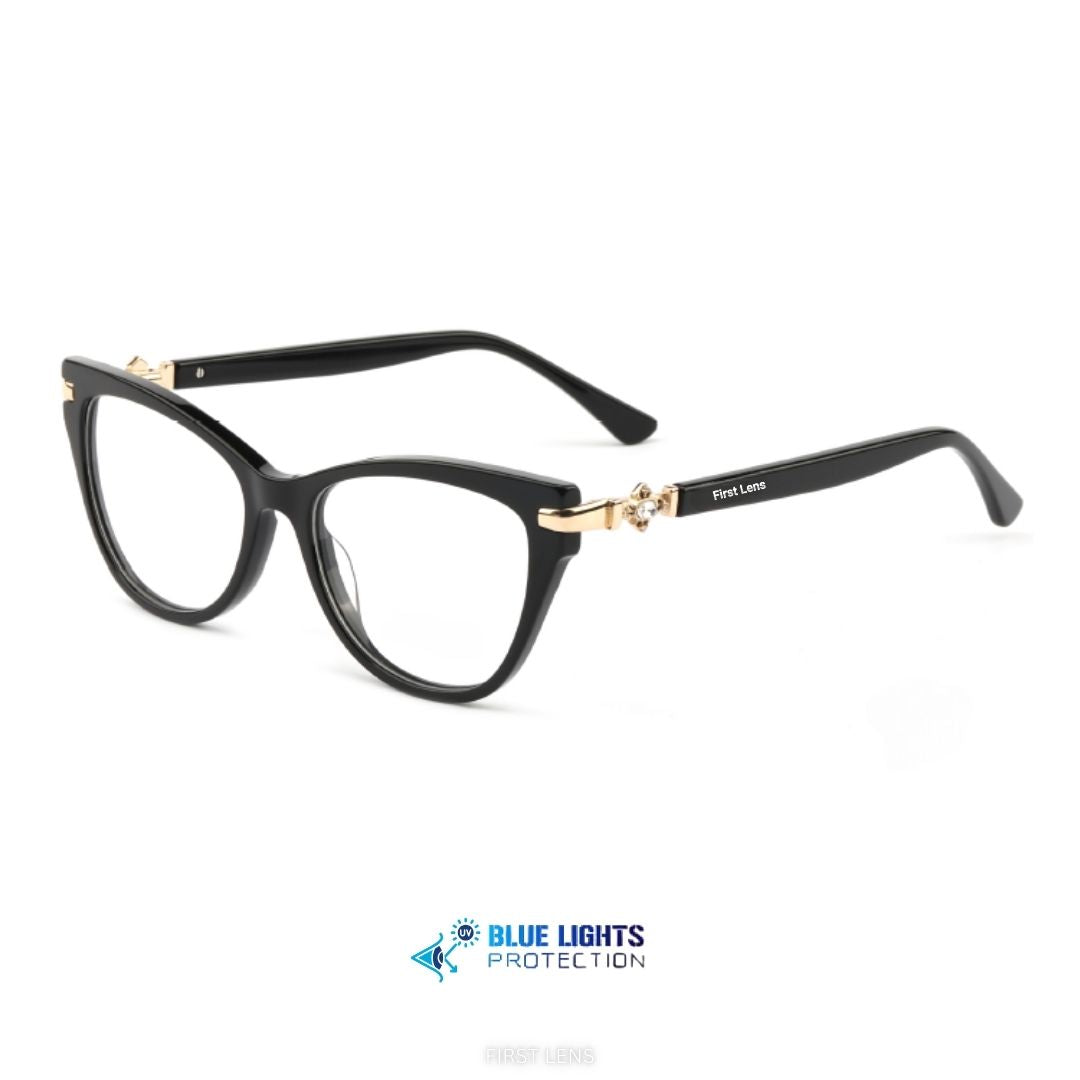 First Lens Aurelia blue light blocking glasses with black and gold frame design