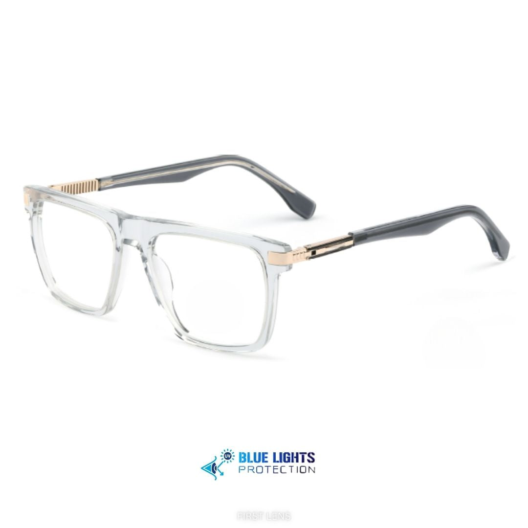 First Lens Glacien blue light blocking glasses with transparent frame and gold accents