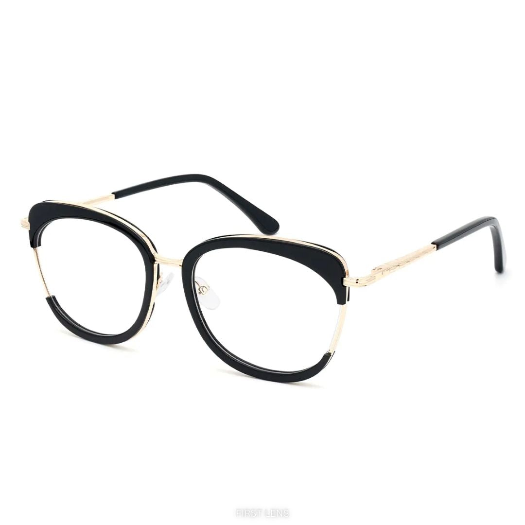 First Lens Goldora blue light blocking glasses with golden accents for computer use