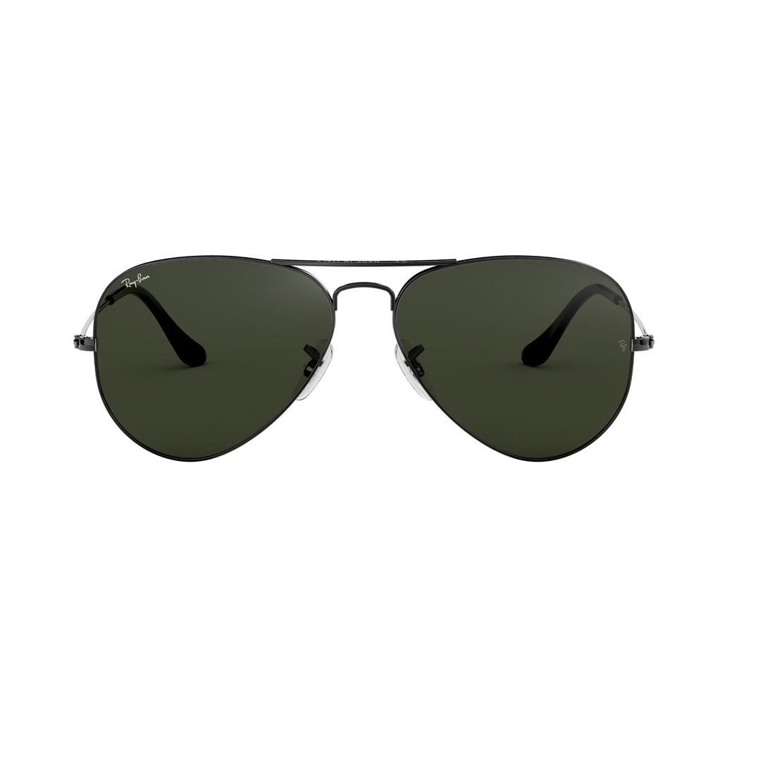 Front view of Ray-Ban Aviator Classic sunglasses in gunmetal frame with green G15 lenses