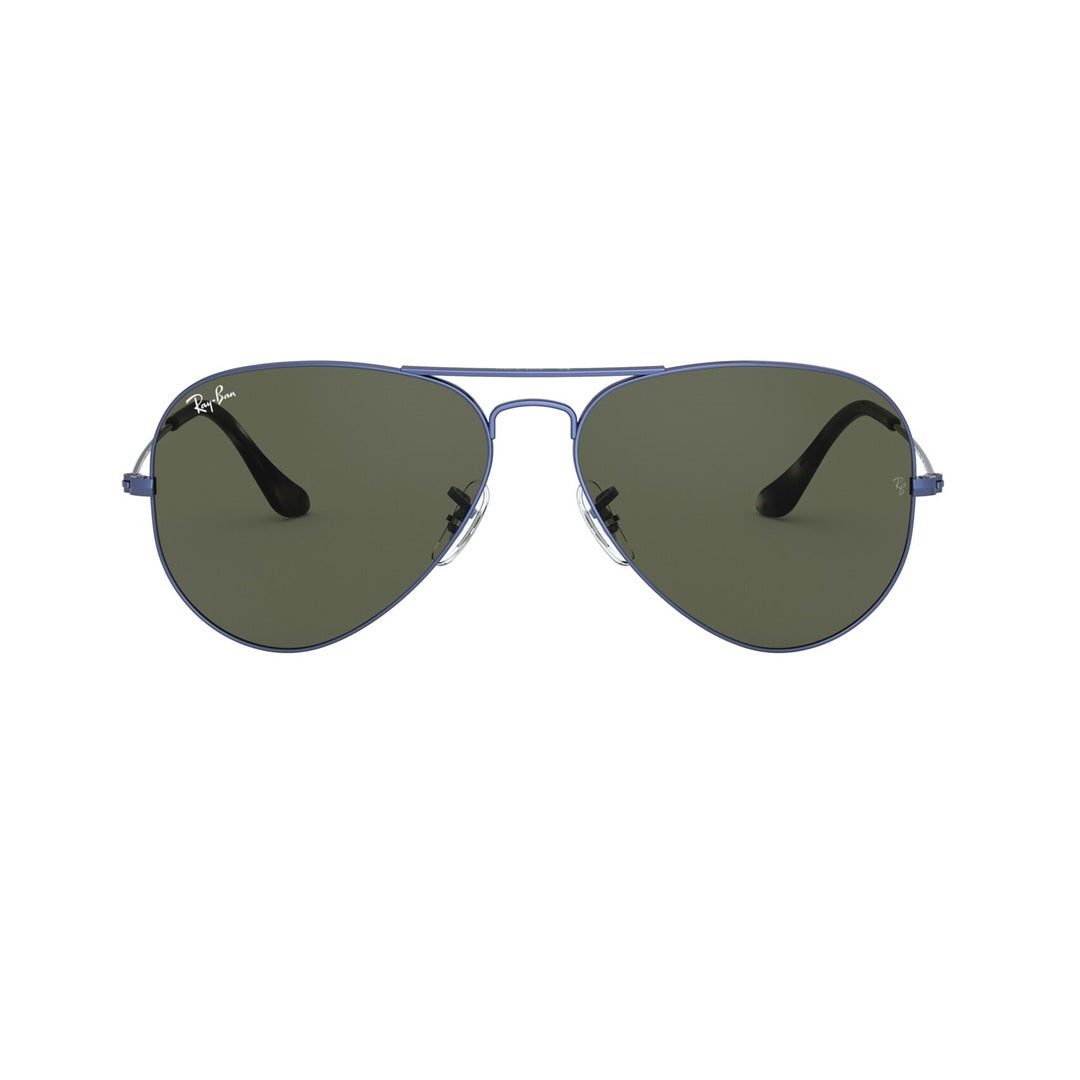 Front view of Ray-Ban Aviator sunglasses with sand transparent blue frame and green G15 lenses