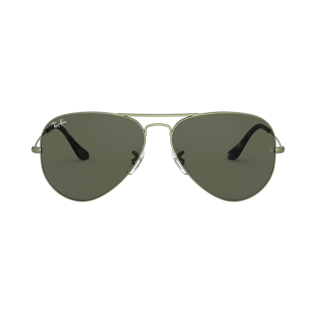 Front view of Ray-Ban Aviator 0RB3025 with sand transparent green frame and green G15 lenses
