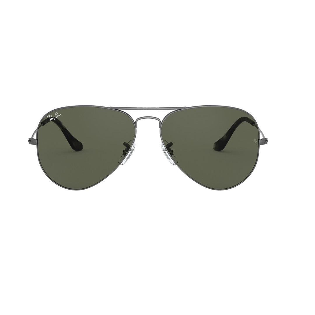 Front view of Ray-Ban Aviator 0RB3025 sunglasses with sand transparent grey frame and green G15 lenses