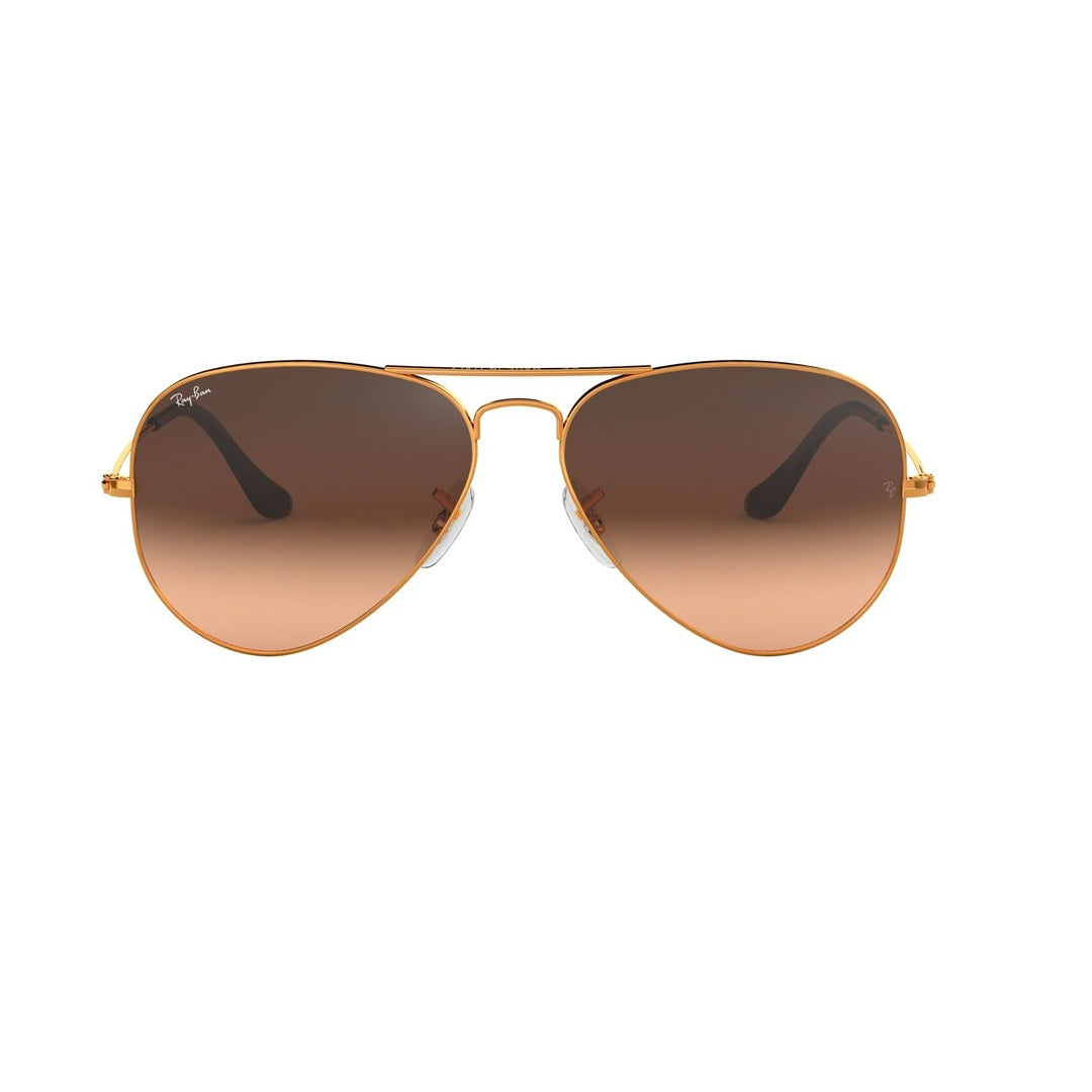 Ray-Ban 0RB3025 aviator sunglasses with pink to brown gradient lenses and bronze-copper frame