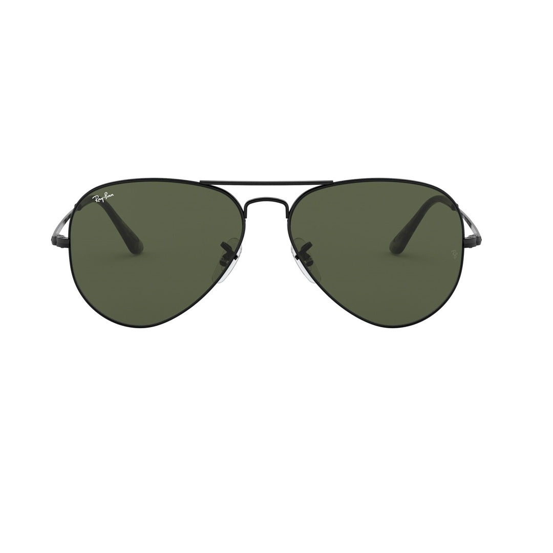 Front-facing view of Ray-Ban RB3689 sunglasses with black frame and green G-15 classic lenses