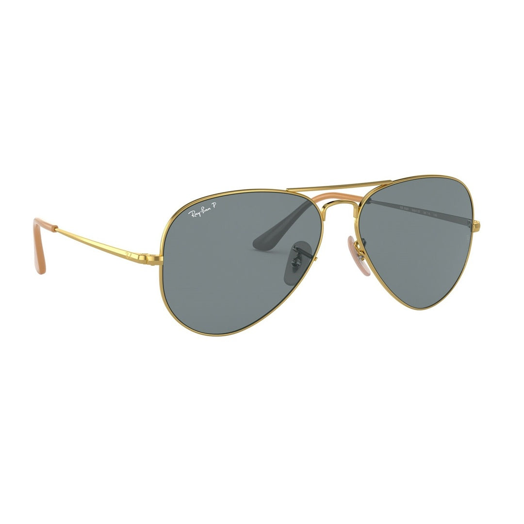 Front view of Ray-Ban RB3689 sunglasses with gold frame and polarized blue classic lenses