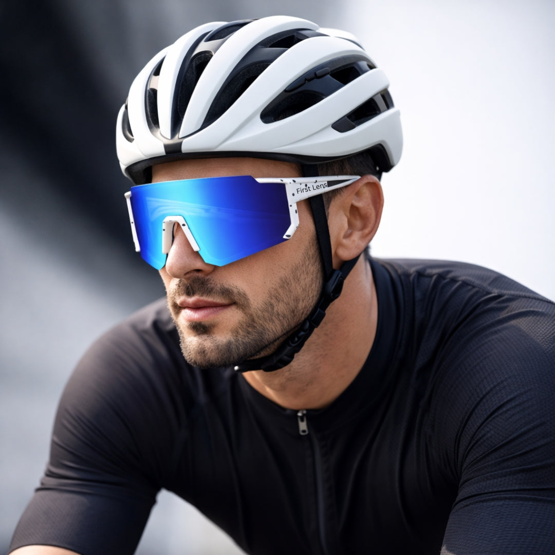 First Lens Customized Power Cycling/Running/Sports Sunglasses Uv400 + Polarized-S039 Blue White