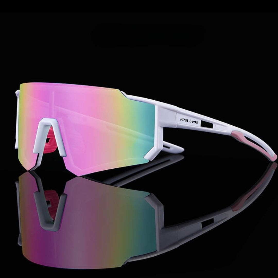First Lens Customized Power Cycling/Running/Sports Sunglasses Uv400 + Polarized With Power Pink White - S106