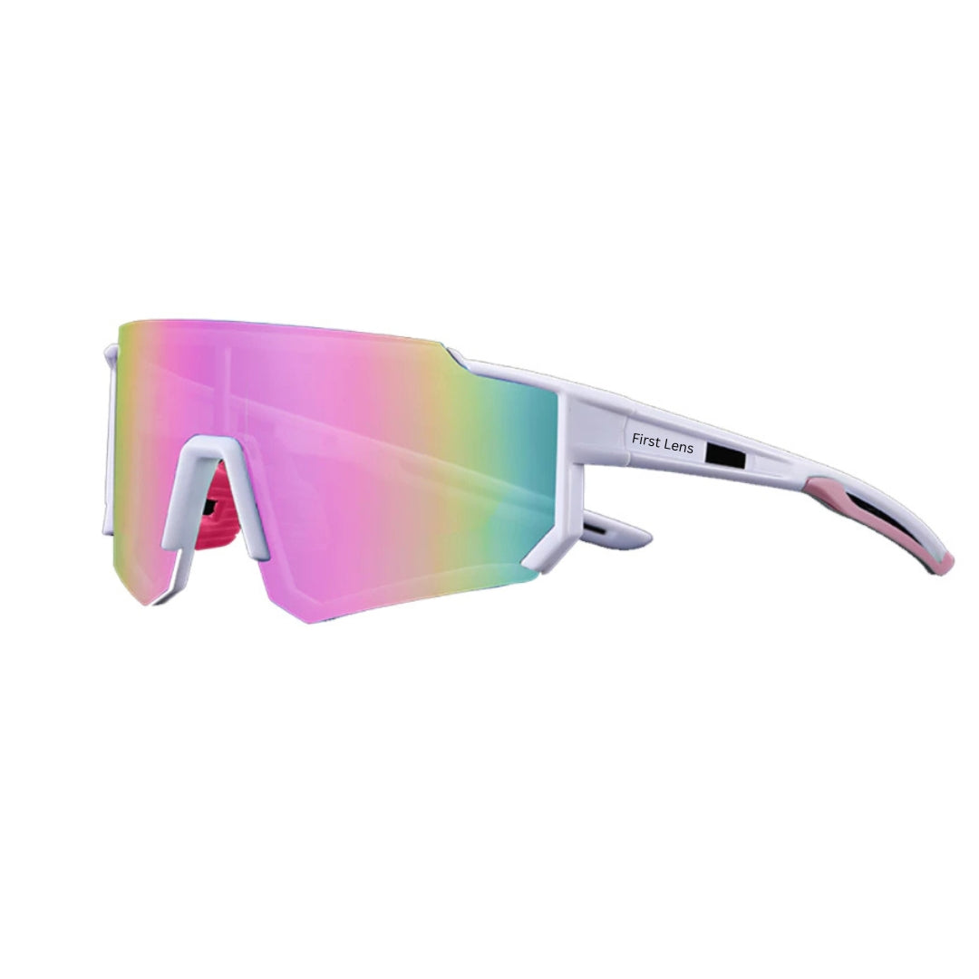 First Lens Customized Power Cycling/Running/Sports Sunglasses Uv400 + Polarized With Power Pink White - S106