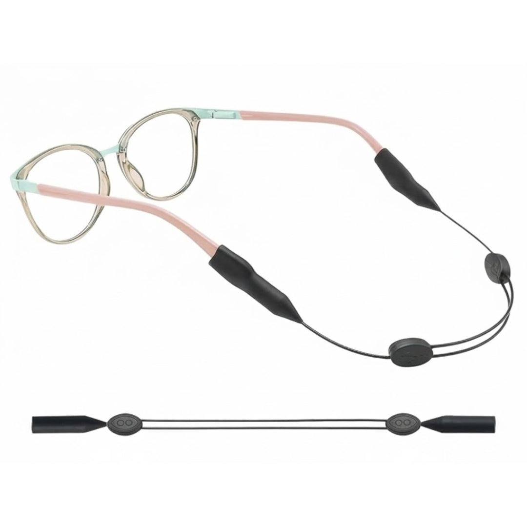 Black adjustable eyeglass strap with pastel eyeglasses