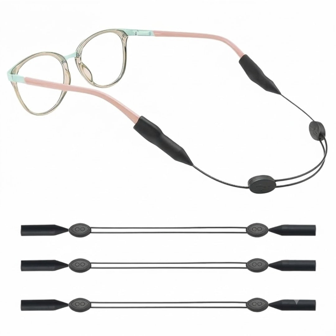 Black adjustable eyeglass strap 3-pack with glasses