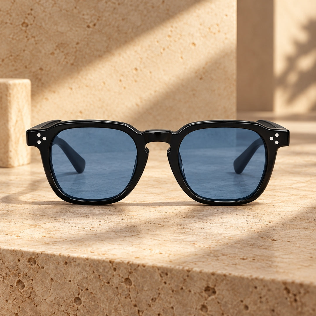 Black Hexagonal Sunglasses with Blue Lenses – Front View