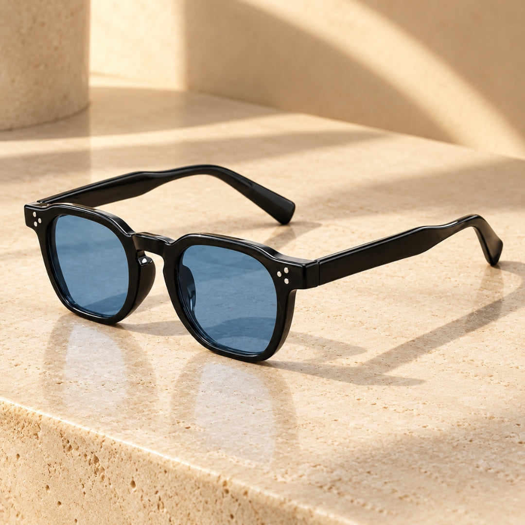 Black Hexagonal Sunglasses with Blue Lenses – Three-Quarter View