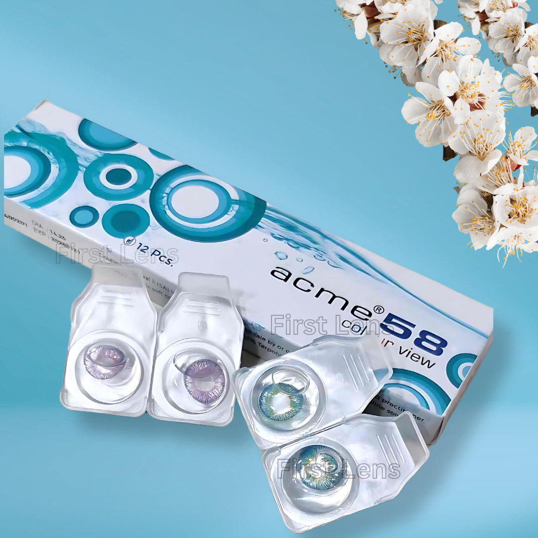 A person with different eye colors wearing First Lens ACME 58 Color View Color lenses.