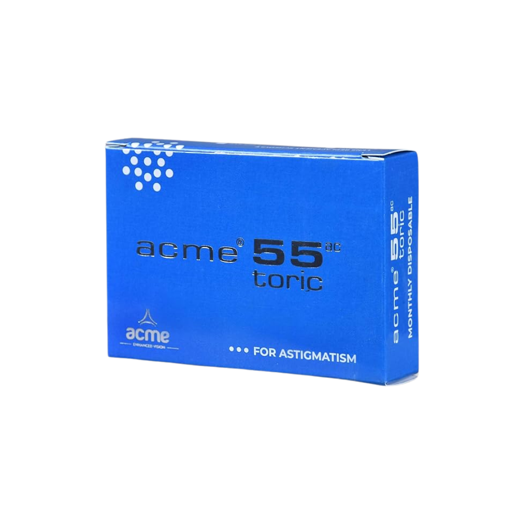 Close-up of the First Lens Acme 55 Toric lens with UV blocker, highlighting its features.