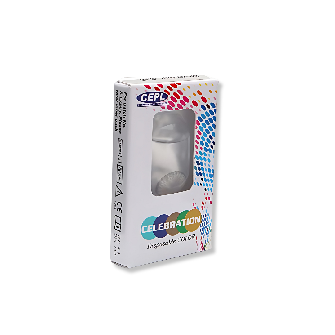 A close-up of a single Celebration Monthly Disposable Color Contact Lens from First Lens in its packaging.