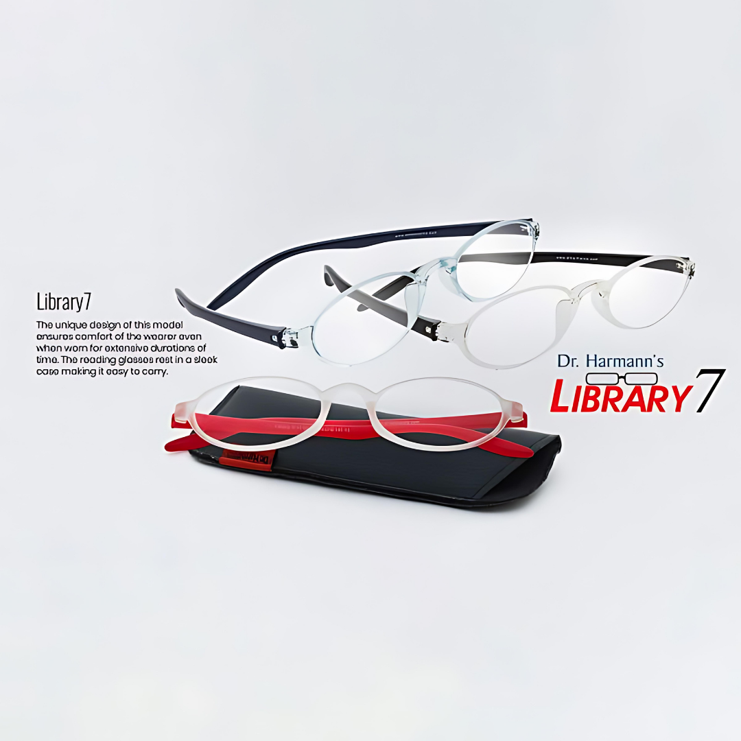 First Lens Dr. Harmanns reading glasses Library7 Cozy reading glasses Spot