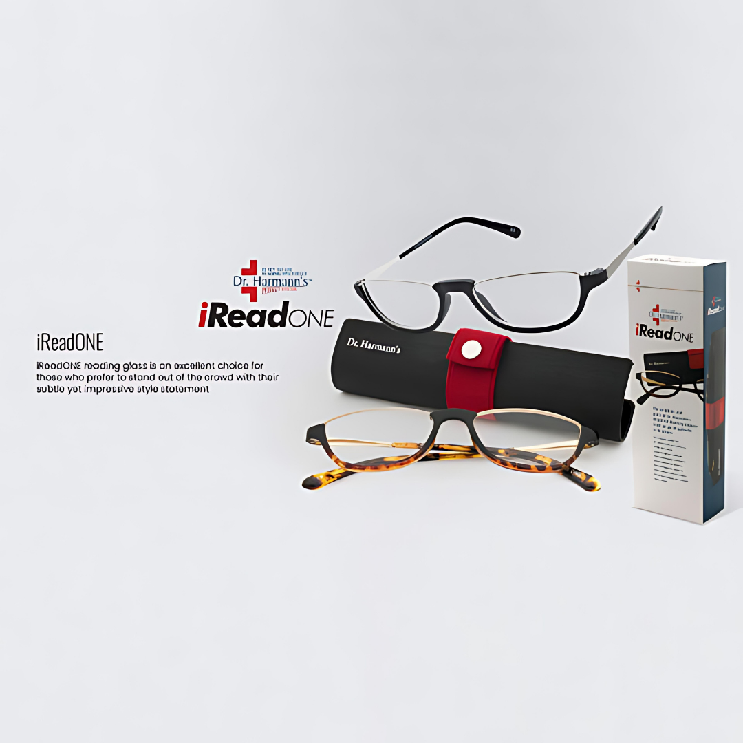 Dr. Harmann's iReadOne Reading glasses from First Lens displayed in a stylish case for protection