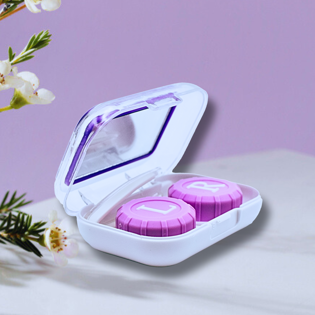 An overhead shot of the First Lens Crystal Portable Contact Lens Case, showcasing its compact size and rounded shape.