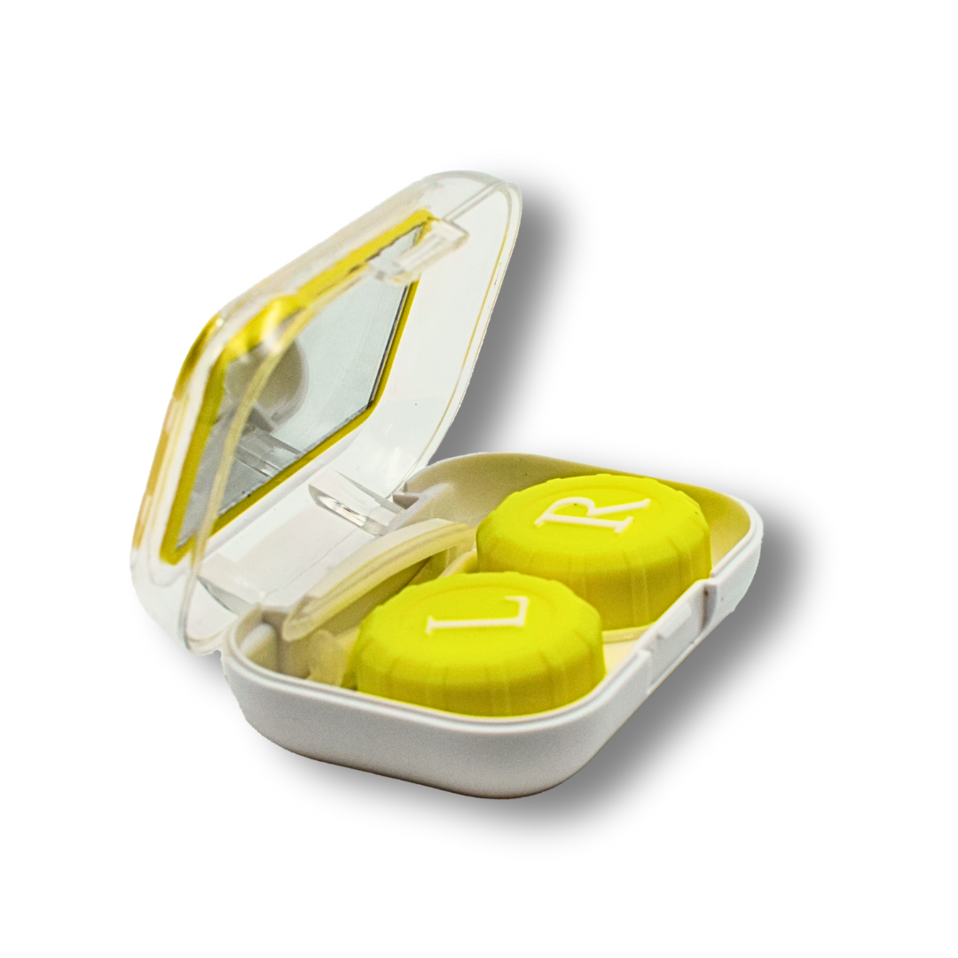 A creative shot of the First Lens Crystal Portable Contact Lens Case against a colorful background, emphasizing its stylish design.